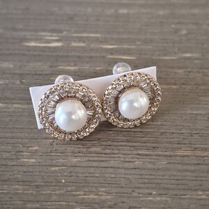 Pearl Centered Gold-Tone Crystal Halo Stud Earrings